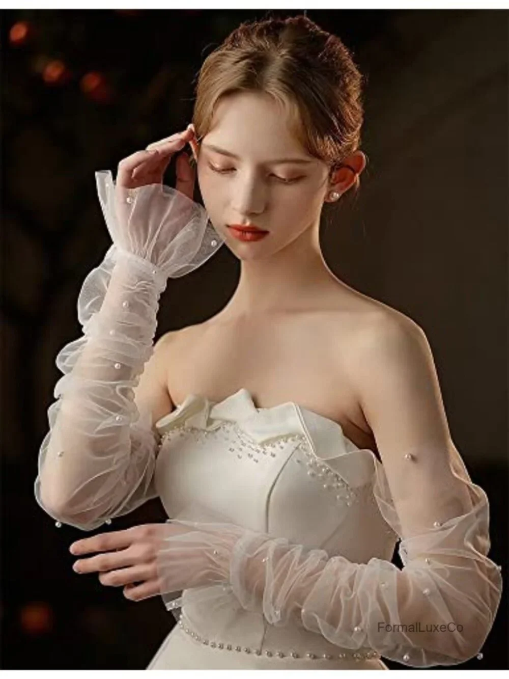 Women's Long Fingerless Bridal Wedding Tulle Pearl Opera Gloves